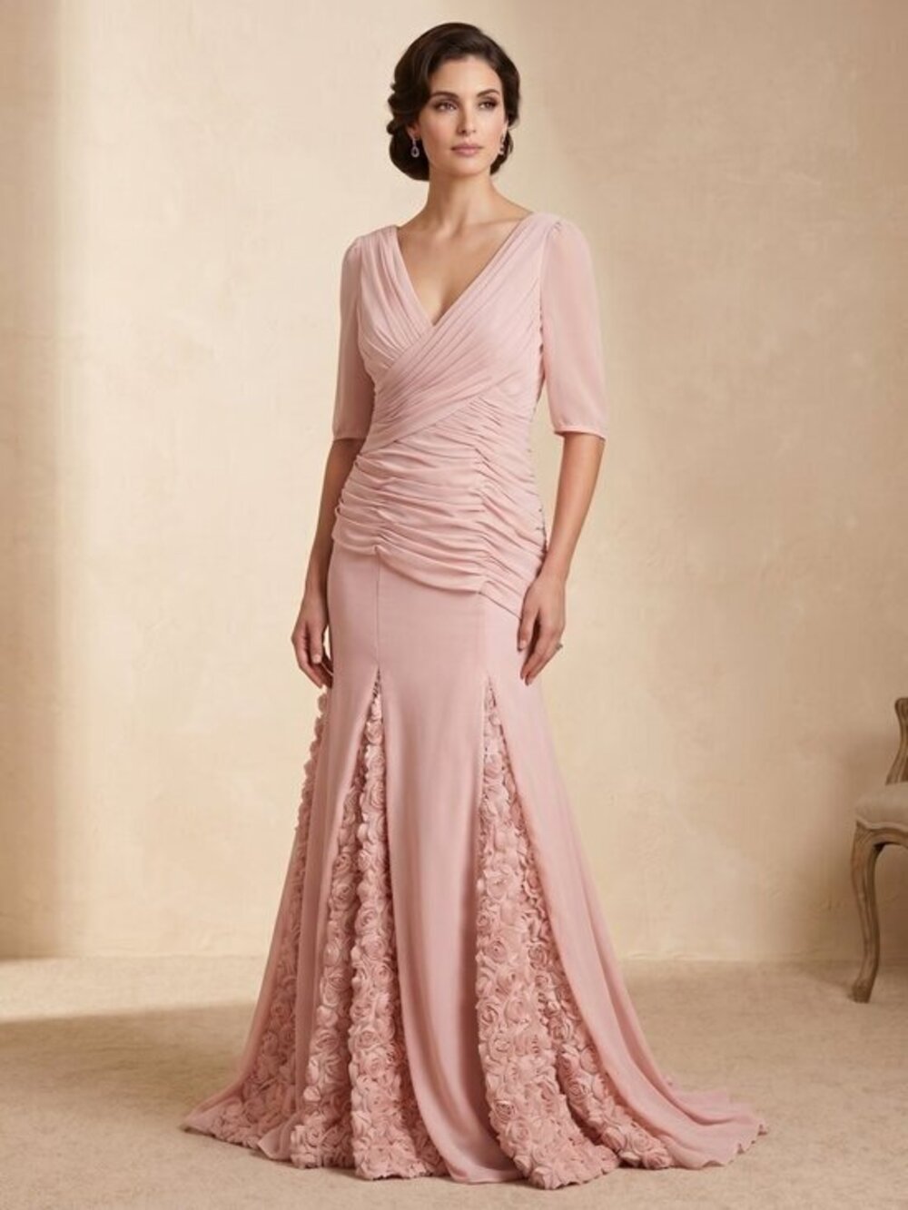 vntg Elegant Pink Ruched & Rosette Evening Dress AND handbag set